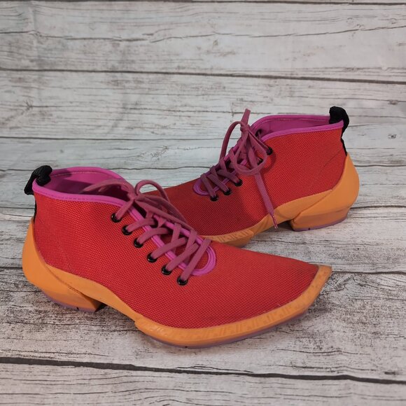 John Fluevog Vegan Vogs Shoes Red Orange Pink Lace-Up Square Toe – Unisex M9/W11 - Picture 6 of 10